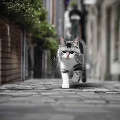 Prompt: cat walking through the streets of a city, photorealism