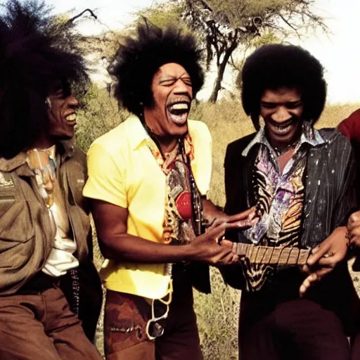 Prompt: Jimi Hendrix laughing in African Savannah whilst other animals look on smiling