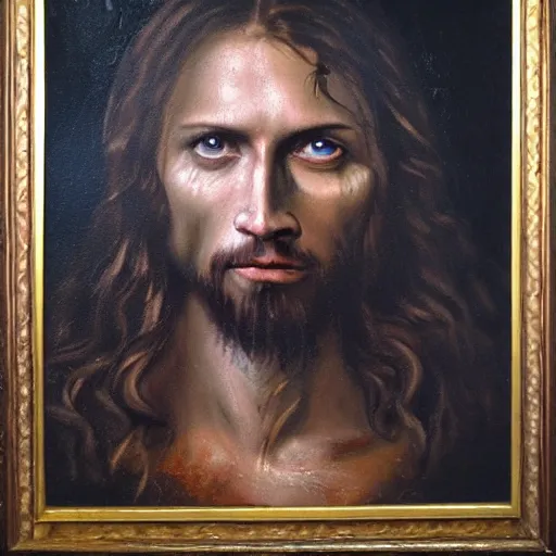 Image similar to oil painting by christian rex van minnen of a portrait of jesus christ, a depiction of jesus christ, scary, bible accurate, eyes scary, stern look, gross, dirty with intense chiaroscuro lighting perfect composition, baby scarred, burns, horrible, disgusting, terrifying, award winning painting