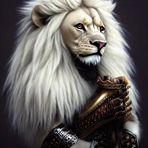 Image similar to an albino anthro lion holding a bow,dressed in leather armor,art by artgerm,photorealistic,highly detailed,8k,artstation,deviantart,detailed face