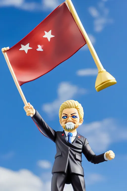Prompt: still high quality figurine of tall president lula waving a flag, tsurime eyes, tareme eyes, personification, dynamic pose, detailed product photo, featured on amiami, tone mapped, beautiful composition, 8 5 mm, f. 1 4