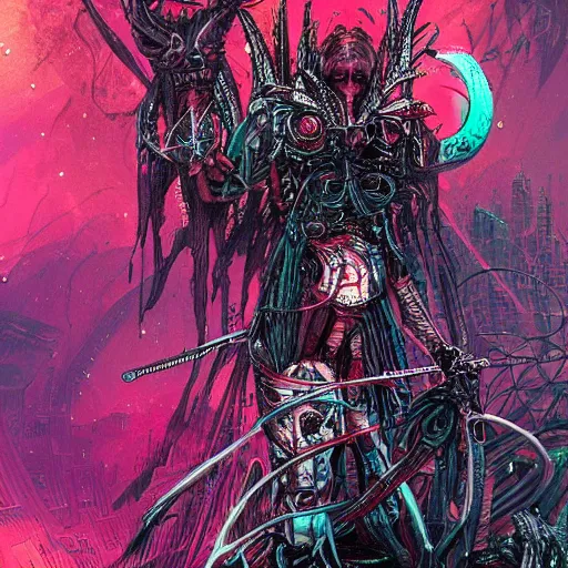 Image similar to blood hunter inspirer, in the style of philippe druillet, trending on artstation, iridescent cyan lighting camera view from above trending on artstation, bokeh, stuckism, futuresynth, dada