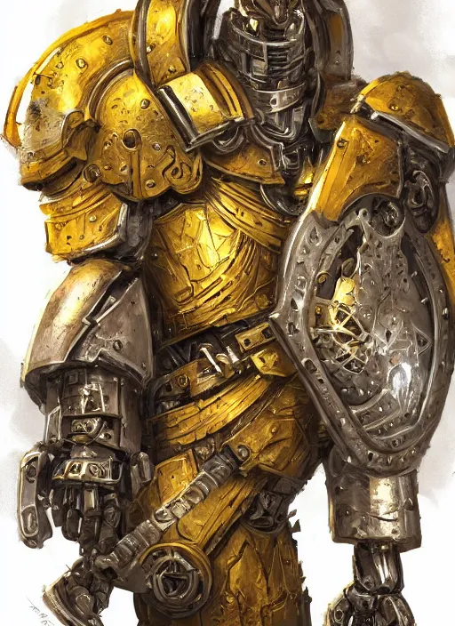 Prompt: dynamic portrait of a intricate mechanical warforged character in yellow armor holding a paladin engraved longsword and carrying a big shield, epic , trending on ArtStation, cinematic lighting, by Jesper Ejsing