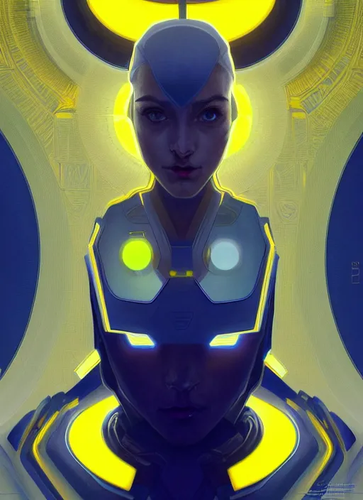 Image similar to symmetry!! portrait, sci - fi, tech wear, blue and yellow glowing lights!! intricate, elegant, highly detailed, digital painting, artstation, concept art, smooth, sharp focus, illustration, art by artgerm and greg rutkowski and alphonse mucha