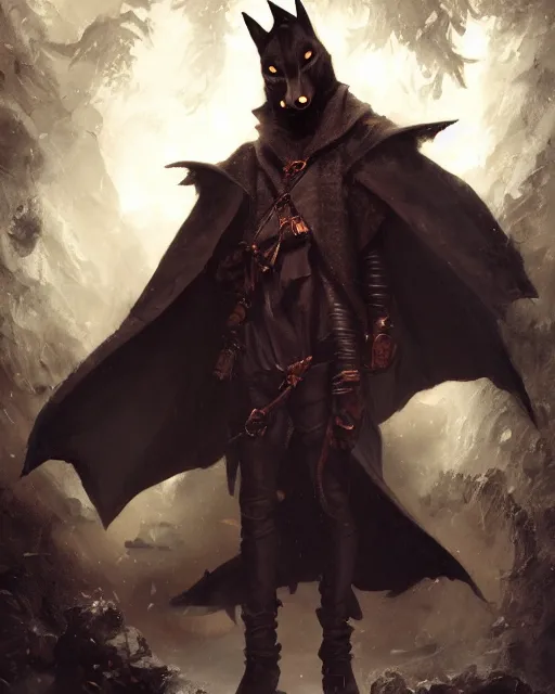 Prompt: oil painting of Anthropomorphized dark Fox thief, wearing dark cloak, holding bag, mischievous look, sharp focus, fantasy style, octane render, volumetric lighting, 8k high definition, by greg rutkowski, highly detailed, trending on art Station, magic the gathering artwork, dark steampunk city backround, centered