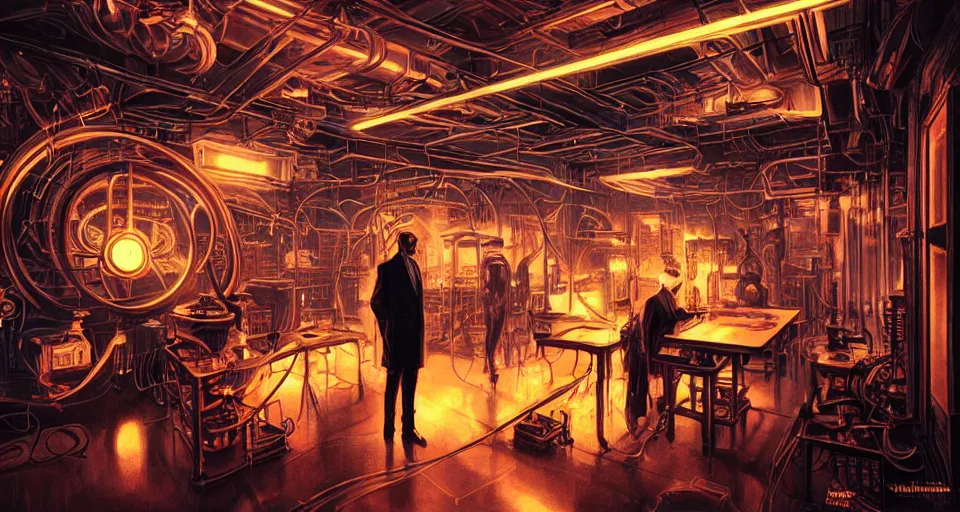 Prompt: nikolai tesla in his lab, electrical arcs, neon glow, highly detailed, digital art, intricate, dramatic lighting, steampunk, neon colors, cinematic, art by artgerm, greg rutkowski, syd mead