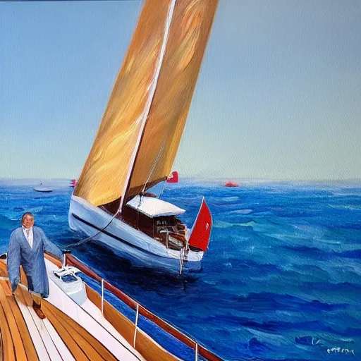 Image similar to viktor orban sailing a yacht, oil painting