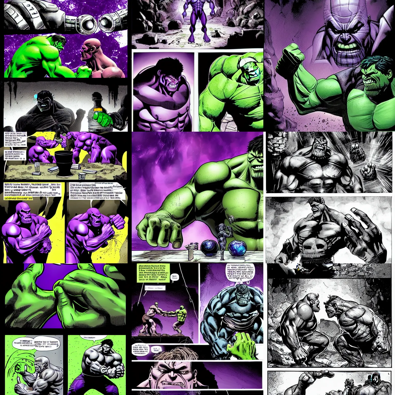 Prompt: thanos plays arm wrestling with the hulk at a broken table in a cave by tsutomu nihei, cimematic, black and white, old cave with slime background