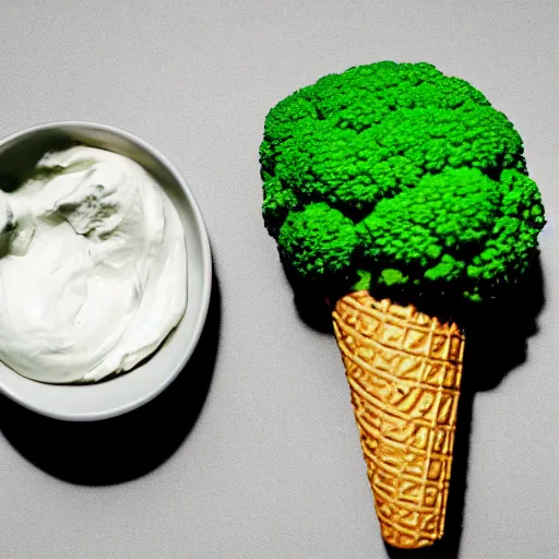 Prompt: a photograph of a levitating ice cream cone filled with broccoli