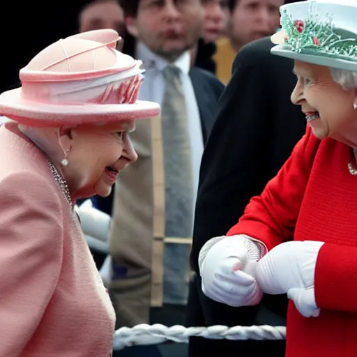 Image similar to the queen of england viciously attacks the pope in a boxing ring