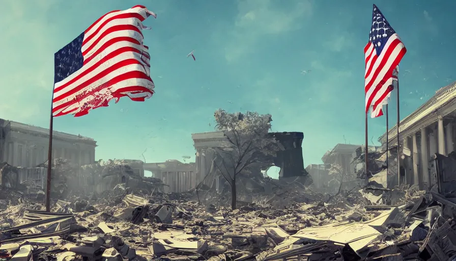 Image similar to us flag flying in the wind in destroyed washington dc city, hyperdetailed, artstation, cgsociety, 8 k