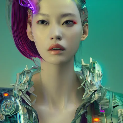 Image similar to the portrait of an absurdly beautiful, graceful, sophisticated, fashionable cyberpunk gravure idol, an ultrafine hyperdetailed illustration by kim jung gi, irakli nadar, hanna moon, leslie zhang intricate linework, bright colors, collage, porcelain skin, unreal engine 5 highly rendered, cgsociety, global illumination, radiant light, detailed and intricate environment