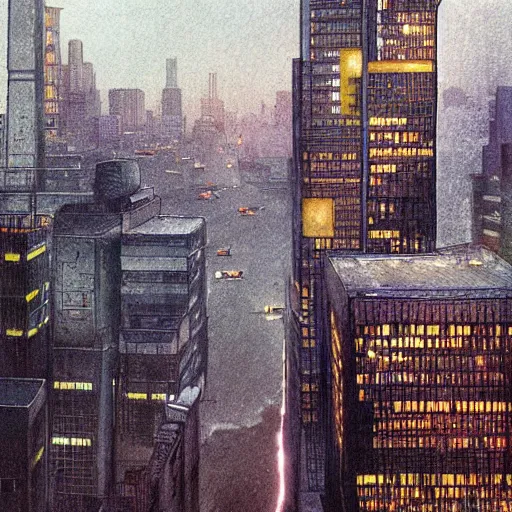 Image similar to “ a girl on a ledge overlooking futuristic new york city, ghostpunk, heavy rain, high detail, by moebius ”