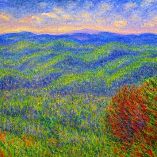 Image similar to asheville skyline from beaucatcher mountain, in the style of claude monet, watercolor, beautiful, scenic, award winning, 4 k, hd