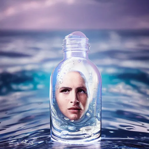 Prompt: a human head in a bottle water art manipulation, on the ocean water, futuristic, glowing, hyper realistic, ray tracing, realistic water splashes, sharp focus, long shot, 8 k resolution, cinematic, photoshop art