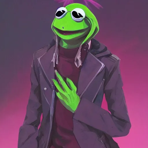 Image similar to An anime portrait of Kermit The Frog as a new wave musician, by Stanley Artgerm Lau, WLOP, Rossdraws, James Jean, Andrei Riabovitchev, Marc Simonetti, and Sakimichan, tranding on artstation