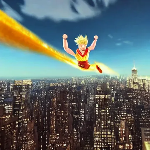 Prompt: photorealistic of an hyper realistic super sayan trump flying in the sky and prepare a kamehameha above new york city. accurate and high details on trump's face. intricate, highly detailed, unreal engine 5.