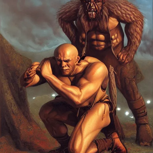 Image similar to Scandinavian berserker on his knees by Gerald Brom