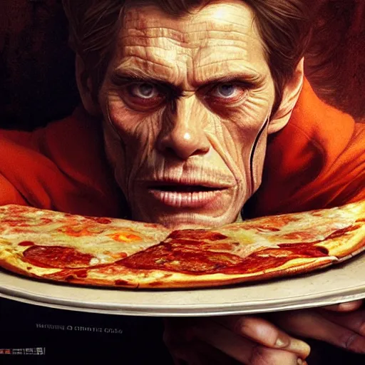 Image similar to ultra realistic illustration of willem dafoe eating pizza, intricate, highly detailed, digital painting, artstation, concept art, sharp focus, illustration, art by artgerm and greg rutkowski and alphonse mucha