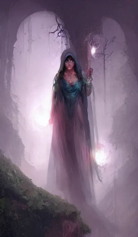 Prompt: goddess of night, dressed in a veil of mist, by marc simonetti