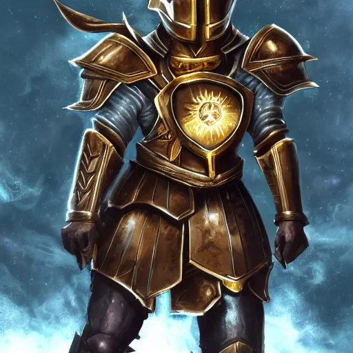 Prompt: animated armor with a helmet face and a sun emblem on his chest, far - mid shot photo, style of magic the gathering, dungeons and dragons, fantasy, intimidating