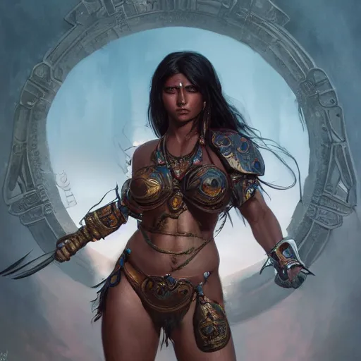 Image similar to painting of a muscular dark nepali female, bikini armour, big eyes, fat, ultra realistic, concept art, intricate details, eerie, highly detailed, photorealistic, octane render, 8 k, unreal engine. art by artgerm and greg rutkowski and alphonse mucha