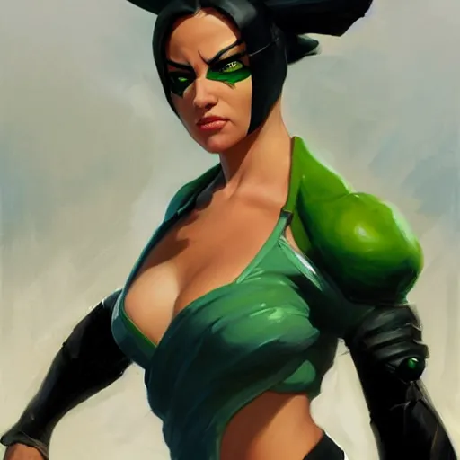 Image similar to greg manchess portrait painting of jade from mortal kombat as overwatch character, medium shot, asymmetrical, profile picture, organic painting, sunny day, matte painting, bold shapes, hard edges, street art, trending on artstation, by huang guangjian and gil elvgren and sachin teng