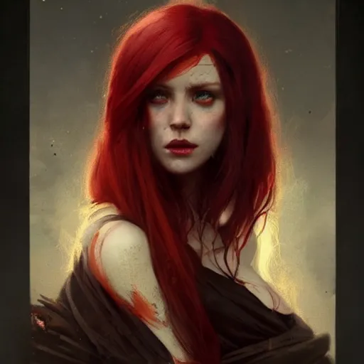 Prompt: portrait of a gorgeous young irish woman with red hair wearing tattered black robes, HD, D&D 4k, 8k, incredibly detailed, intricate, masterpiece, digital illustration by greg rutkowski and tom bagshaw and brom, trending on artstation, character design, concept art