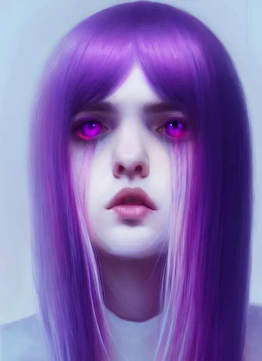 Image similar to hair whitebangs hair, black hair, whitebangs, portrait of teenage girl with white bangs, red irises, purple clothes, white bangs, bangs are different color from hair, intricate, elegant, glowing lights, highly detailed, digital painting, artstation, concept art, smooth, sharp focus, illustration, art by wlop, mars ravelo and greg rutkowski