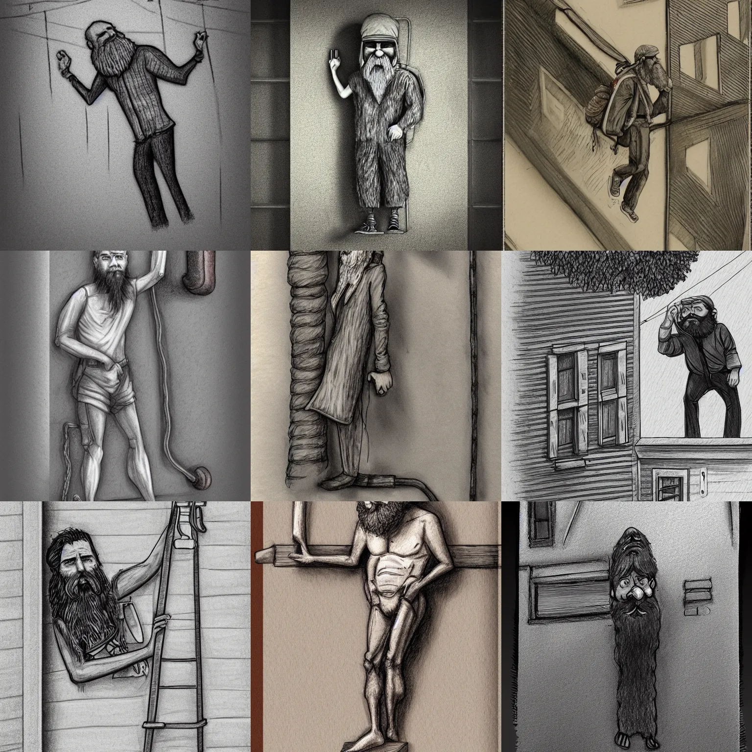 Prompt: long bearded man hanging on the gutter pipe on the side of a house. man wearing a backpack. coherent. drawing, sketch, high detail, 8 k