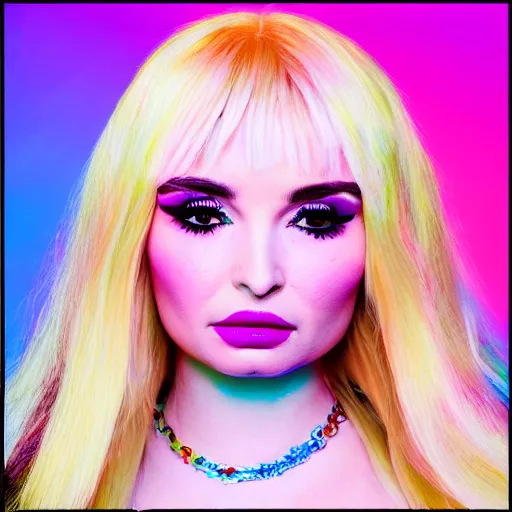 Prompt: kim petras in candyland portrait, eyes closed, album cover