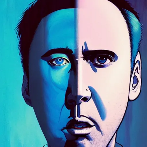 Image similar to prompt : blue nicolas cage illustration portrait soft light painted by james jean and katsuhiro otomo and erik jones, inspired by evangeleon anime, smooth face feature, intricate oil painting, high detail illustration, sharp high detail, manga and anime 1 9 9 9