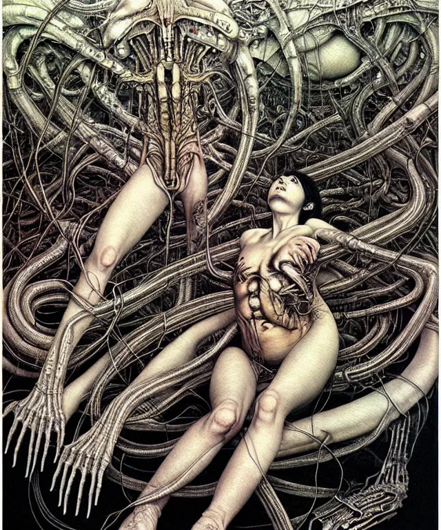 Prompt: realistic detailed photo of the miracle of life by H.R.Giger, Vania Zouravliov, by Ayami Kojima, Amano, Takato Yamamoto