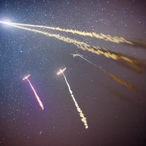 Image similar to Missiles flying through the sky, beautiful, night sky