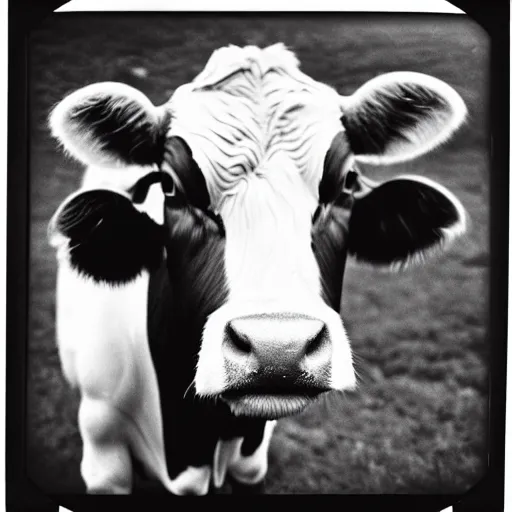 Image similar to Mugshot Portrait of a Guernsey Cow, taken in the 1970s, photo taken on a 1970s polaroid camera, grainy, real life, hyperrealistic, ultra realistic, realistic, highly detailed, epic, HD quality, 8k resolution, body and headshot, film still, front facing, front view, headshot and bodyshot, detailed face, very detailed face