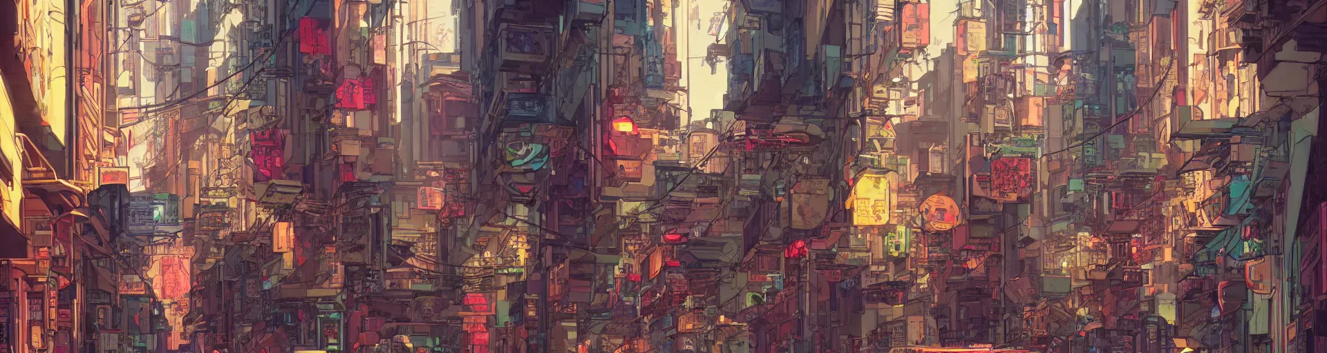 Image similar to a cyberpunk hong kong alley with robots and humans walking around by moebius, pixar color palette, clear details, ground level