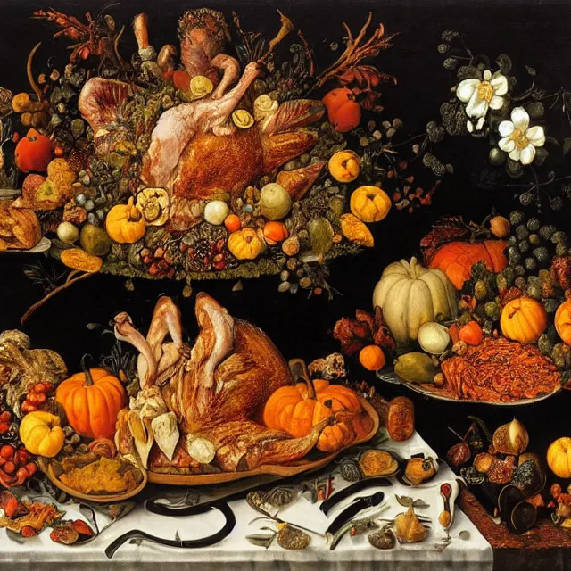 Image similar to victorian thanksgiving supper, black background, still life by giuseppe arcimboldo, vanitas, intricate high detail masterpiece