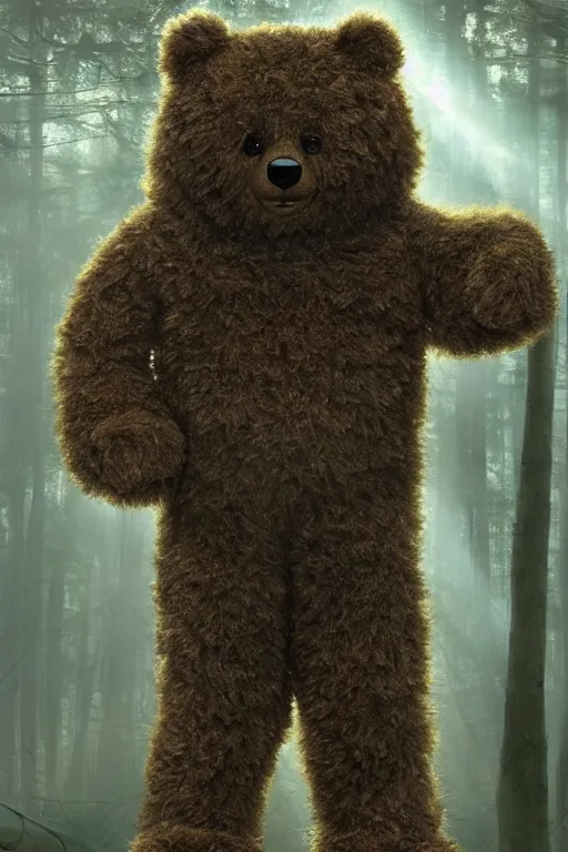 Image similar to mean fluffy teddybear wearing a Crysis Nanosuit in a forest with rays of light coming through the canopy, masterpiece, dystopian, sci-fi, extremely detailed, digital painting, sculpted in zbrush, artstation, concept art, smooth, sharp focus, illustration, chiaroscuro lighting, golden ratio, incredible art, artgerm, greg rutkowski, alphonse mucha, simon stalenhag, carravaggio