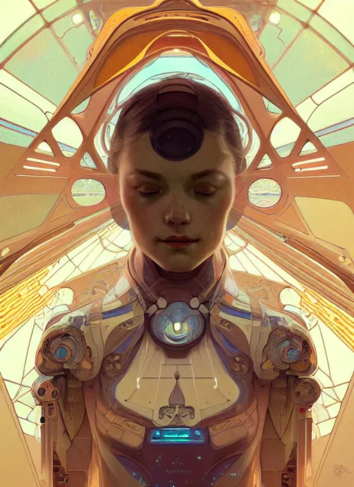 Prompt: symmetry, girl in a spaceship intricate, elegant, highly detailed, digital painting, artstation, concept art, smooth, sharp focus, illustration, art by artgerm and greg rutkowski and alphonse mucha