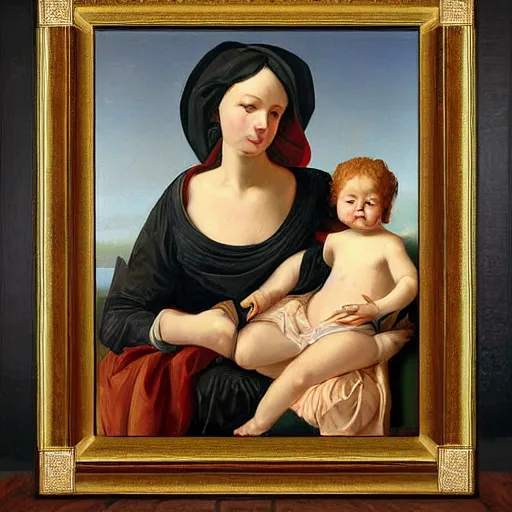 Prompt: composition of greif in motherhood oil paintings in frames