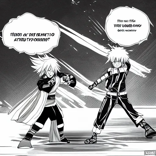 Prompt: the peak moment of a fight, two opposite fighter unleash their ultimate attack, in manga style