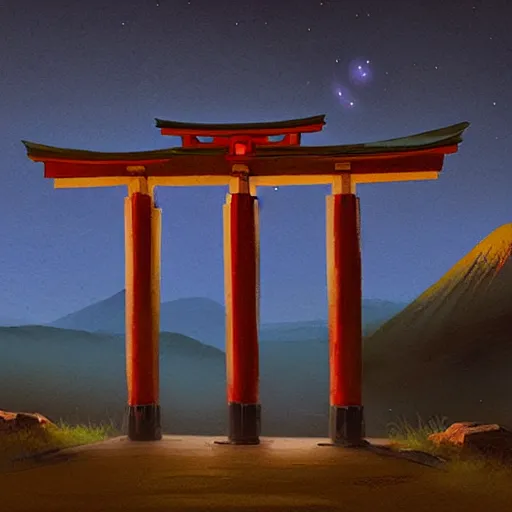 Image similar to Japanese Torii in a moutain ,night , by Grzegorz Rutkowski, concept art