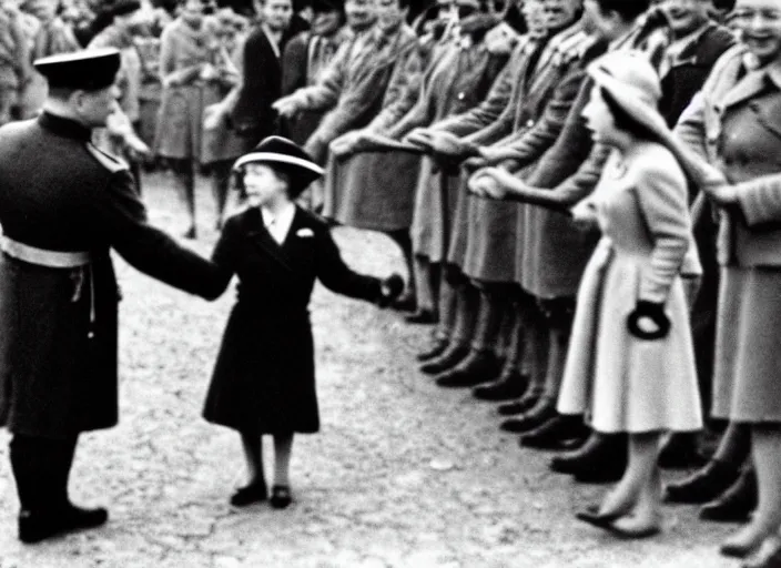 Image similar to ultra wide 1 9 4 6 blurry historical far away photo a single german general shaking hands with a young queen elizabeth in a french village, her corgis are nearby highly detailed, sharp focus