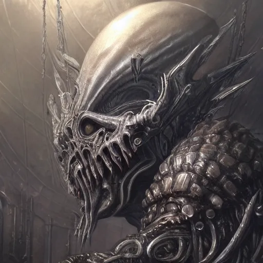 Prompt: strange detailed portrait of a final fantasy boss decorated with an arcane halo by hr giger, greg rutkowski, luis royo and wayne barlowe as a diablo, resident evil, dark souls, bloodborne monster