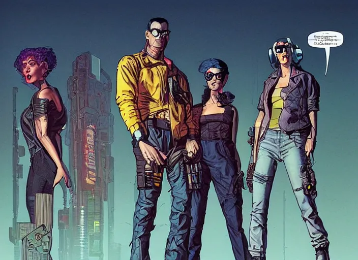 Image similar to cyberpunk heist crew. portrait by stonehouse and mœbius and will eisner and gil elvgren and pixar. character design. realistic proportions. dystopian. cyberpunk 2 0 7 7, apex, blade runner 2 0 4 9 concept art. cel shading. attractive face. thick lines.