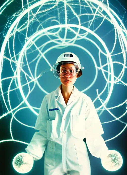 Image similar to realistic photo portrait of a a scientist girl dressed in white shorts, dressed in white plastic spherical helmet hat, particles aura electricity, 1 9 9 0, life magazine photo, natural colors,