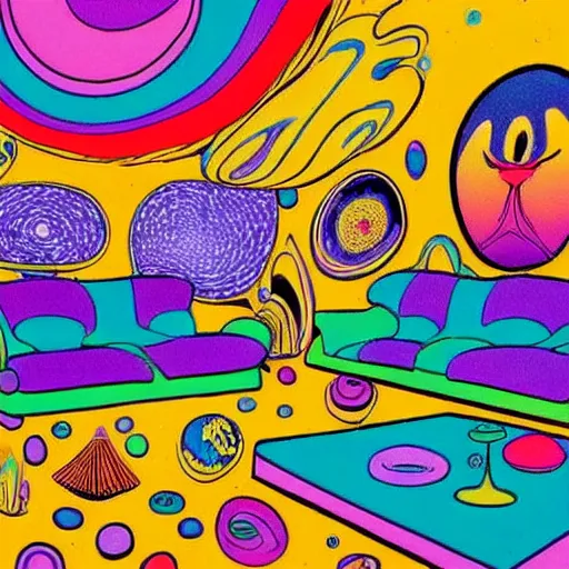 Image similar to psychedelic trippy couch in the lush forest, planets, flowers, mushrooms milky way, sofa, cartoon by carl barks