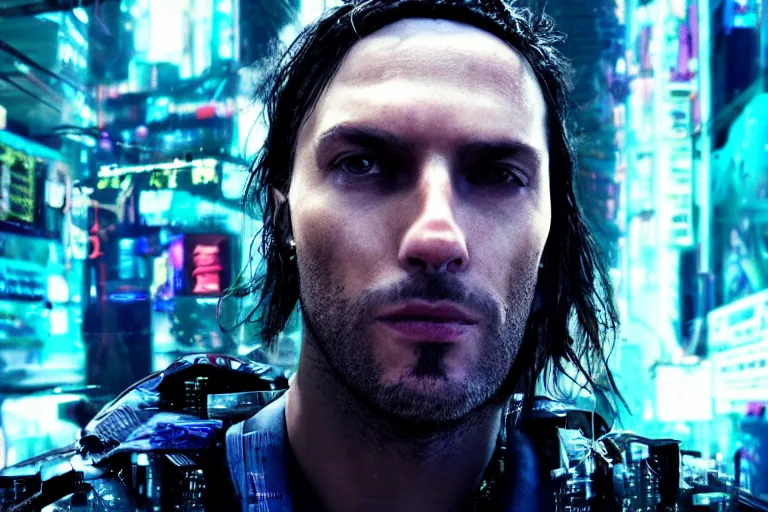 Prompt: video game movie of a cyberpunk hacker closeup portrait in high tech compound by Emmanuel Lubezki