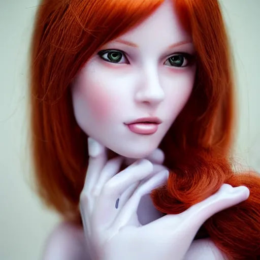 Image similar to gorgeous redhead flirty fembot posing, photorealistic, highly detailed,