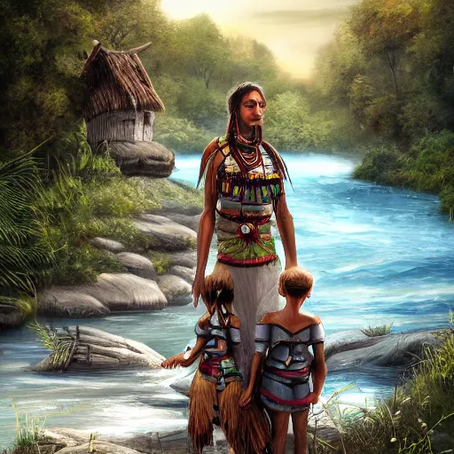 Image similar to a unique native tribal family standing on the banks of a river fantasy concept art detailed high resolution